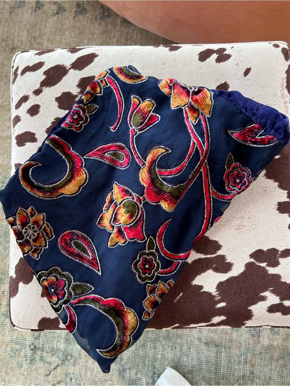 Anthropologie Navy Floral Velvet-Embroidered Scarf